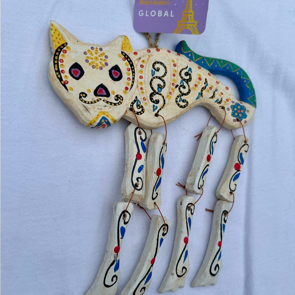 Christmas World Market Cat Day of the Dead ornament White Wood New